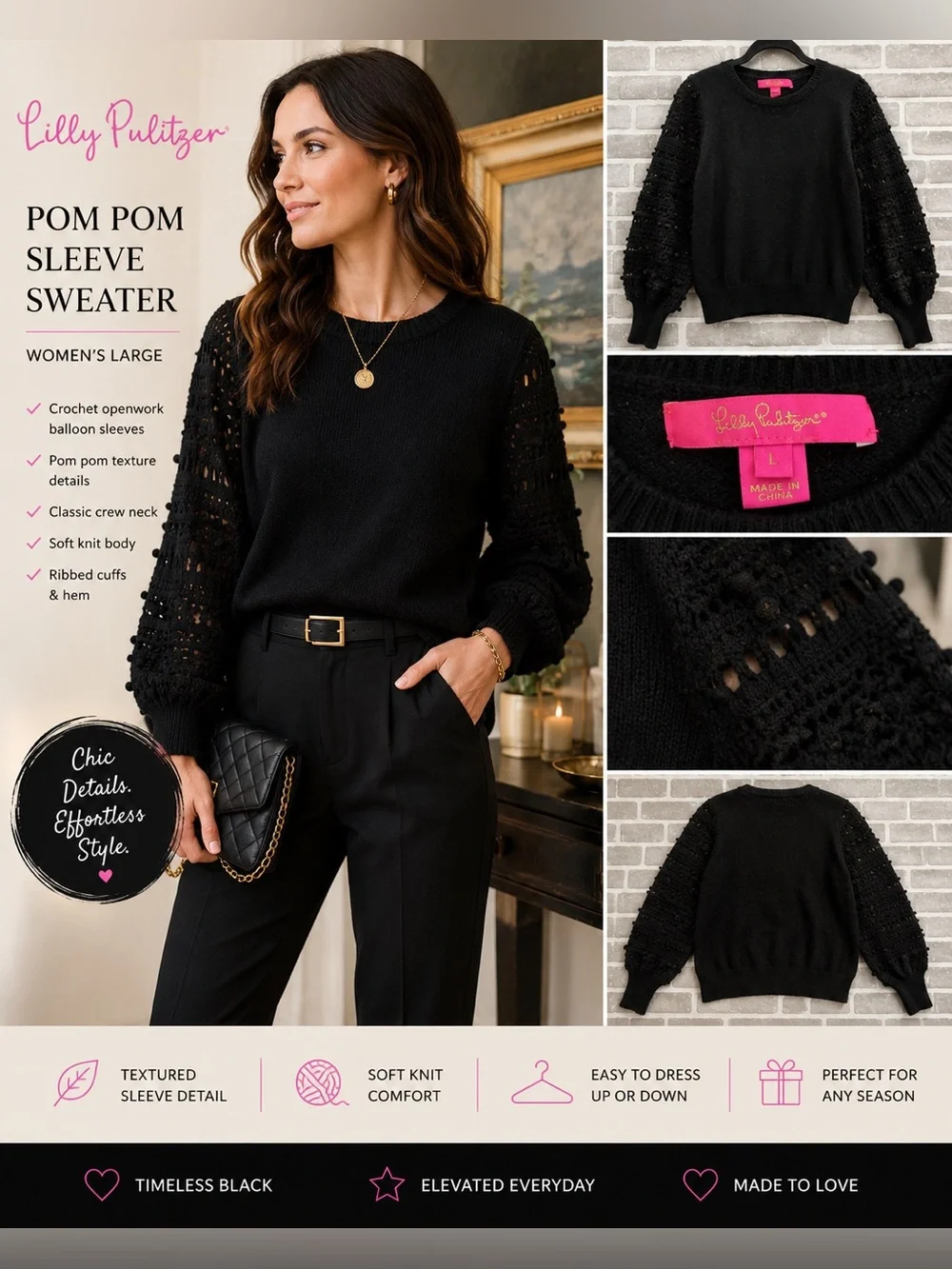 Lilly Pulitzer Black Pom Pom Sleeve Sweater Women L Crochet Balloon Sleeve Knit